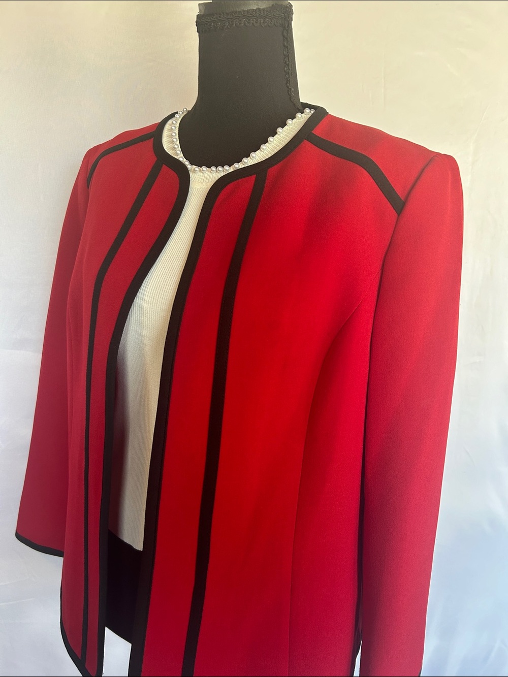 Kasper Red Jacket with Black Trim - Open Front Blazer
